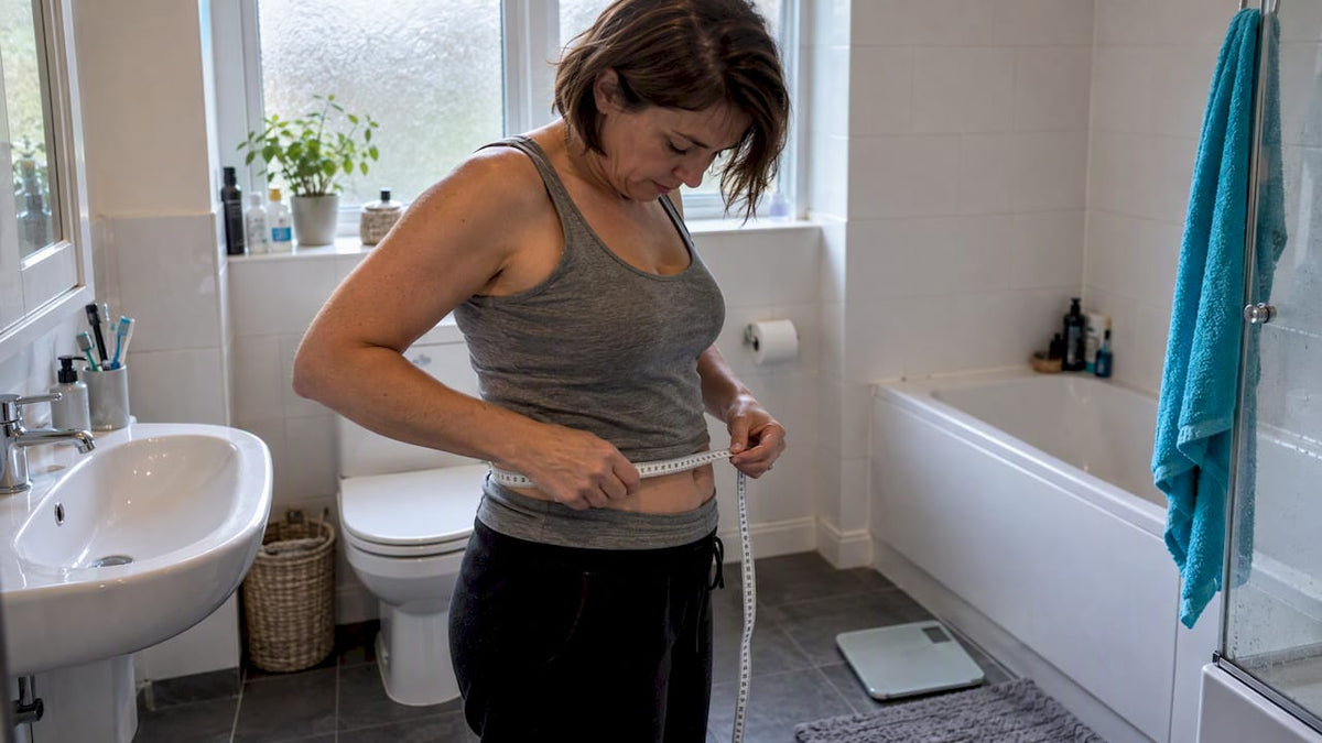 Woman measuring waist beside bathroom scale