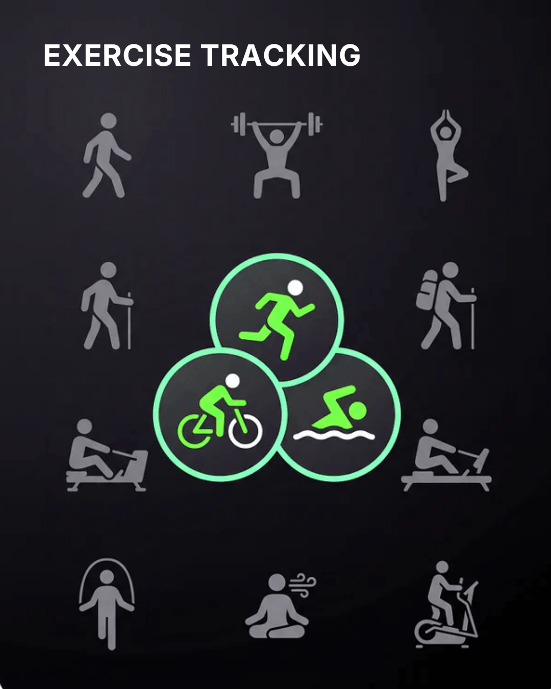 Exercise tracking icons on a black background with green highlights