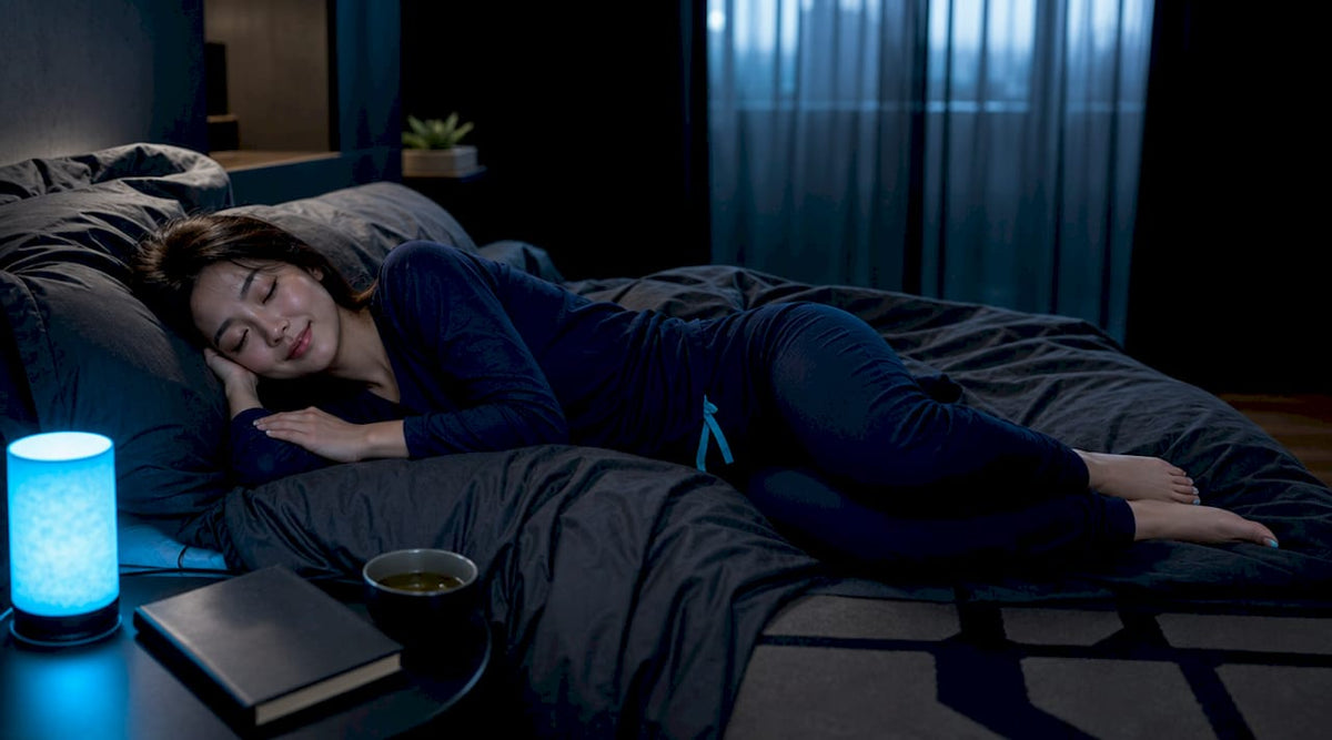 Woman sleeping peacefully in softly lit bedroom