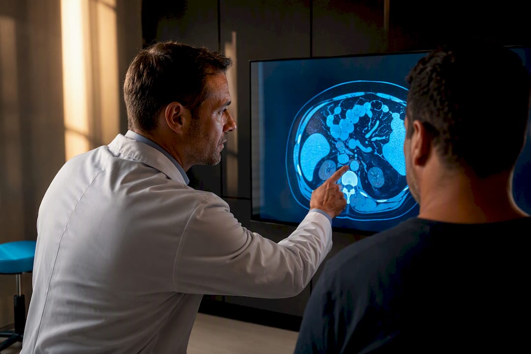 Clinician reviewing an abdominal fat scan