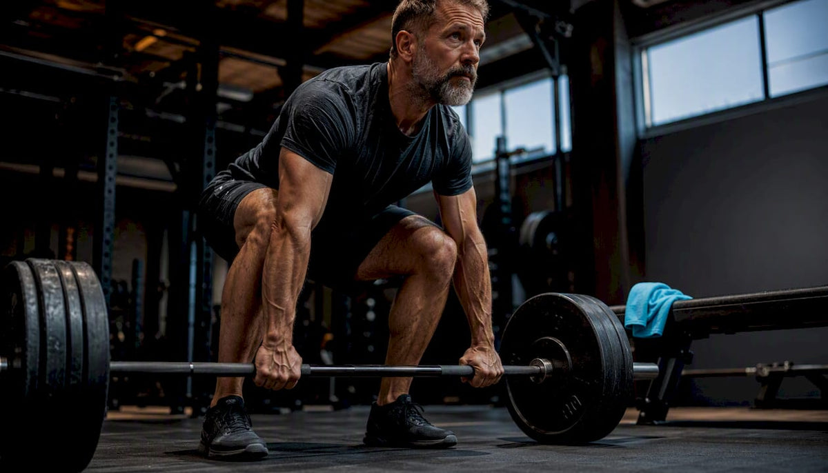 Adult performing barbell deadlift in gym