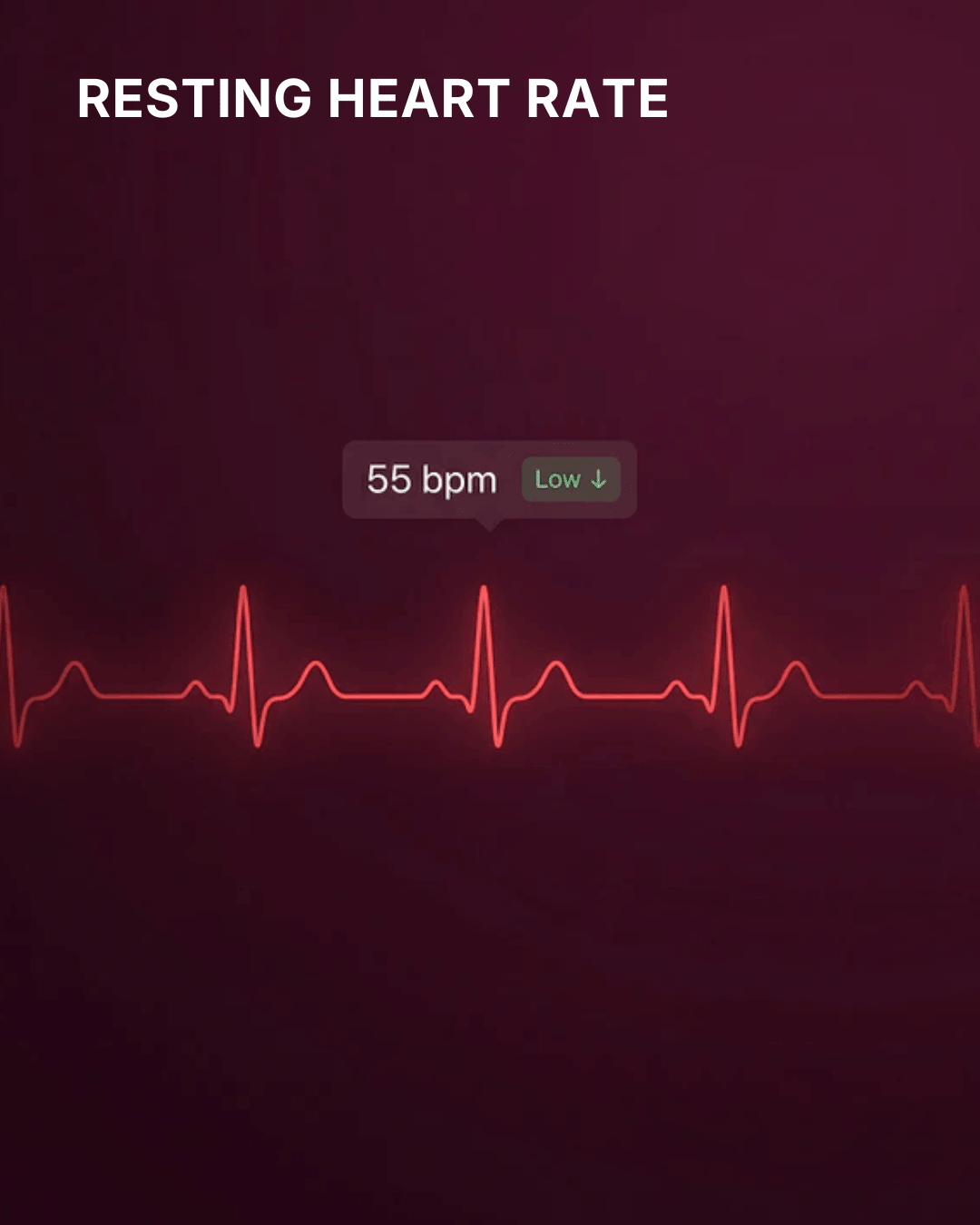 Heart rate monitor display with resting heart rate of 55 bpm on a dark background