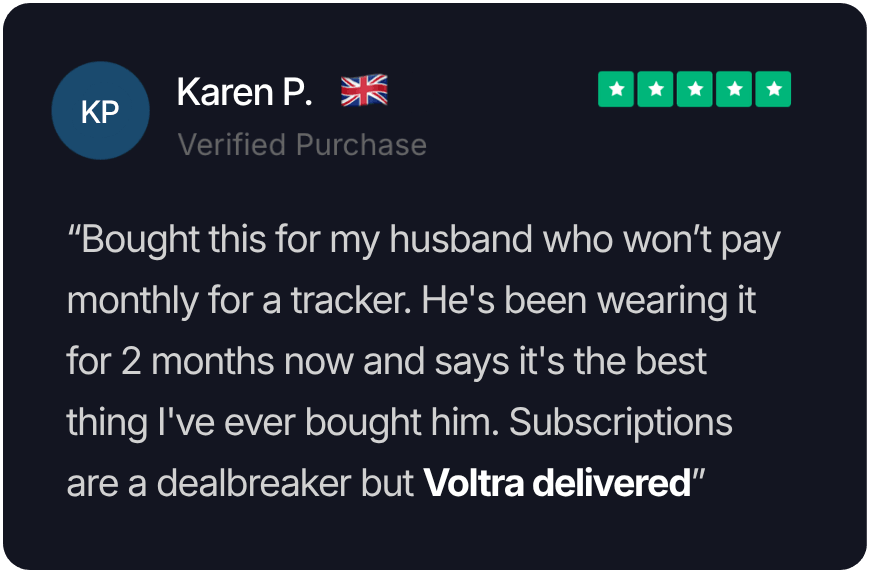 Verified purchase review of Voltra product with text and star rating on a dark background