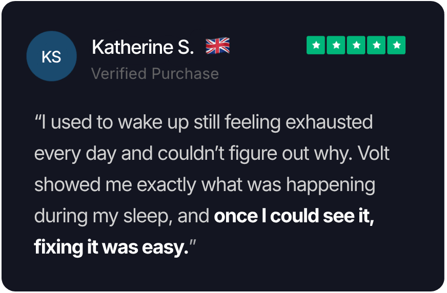 Verified purchase review from Katherine S. about a product named Volt on a black background.